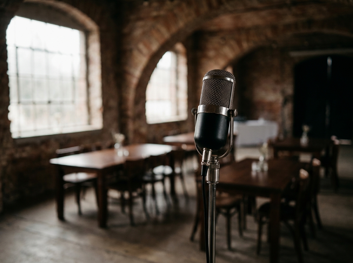 A microphone on a stand before a comedy event in Springfield.