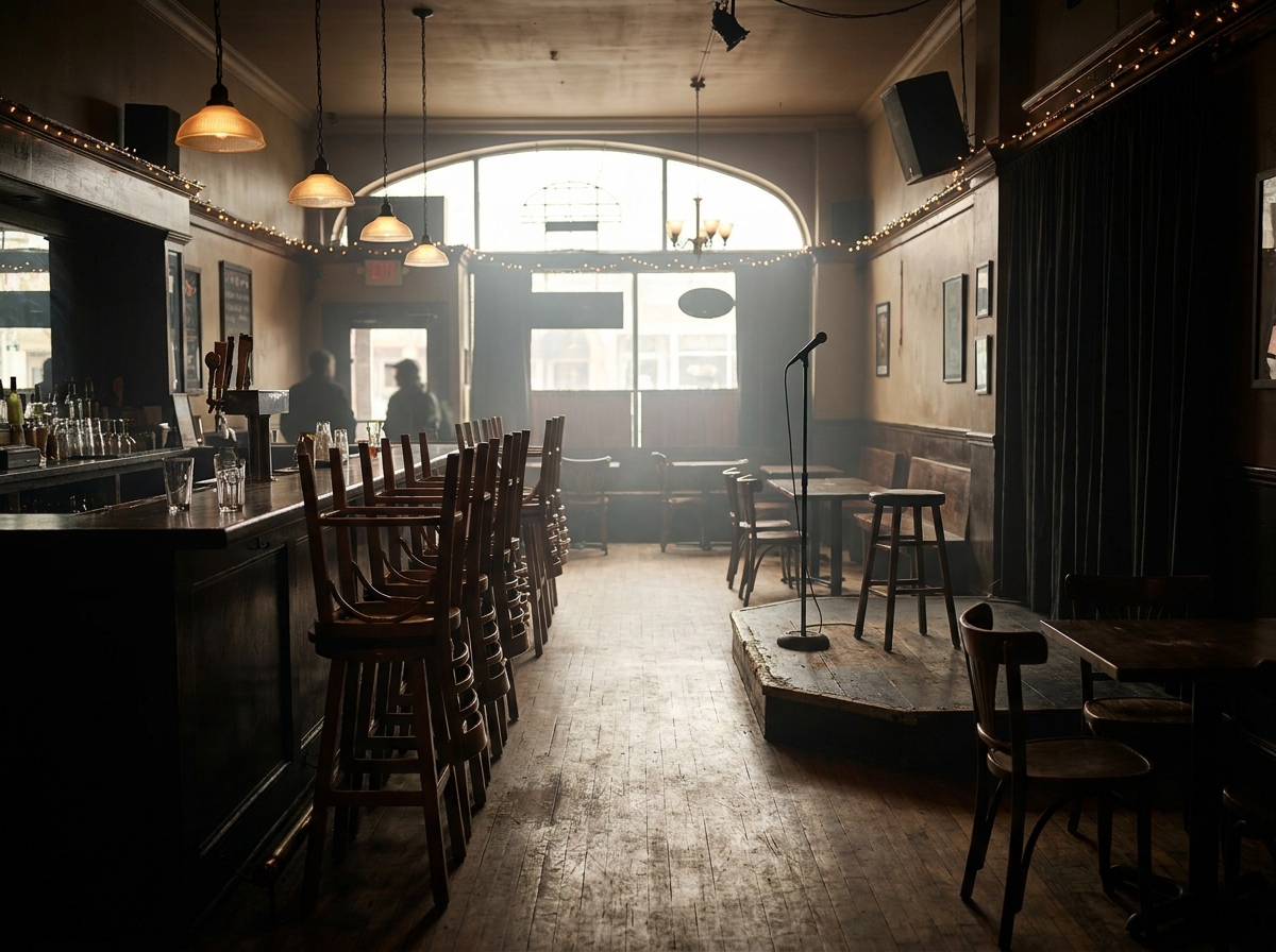 Interior of a bar in Springfield being set up for a comedy night.