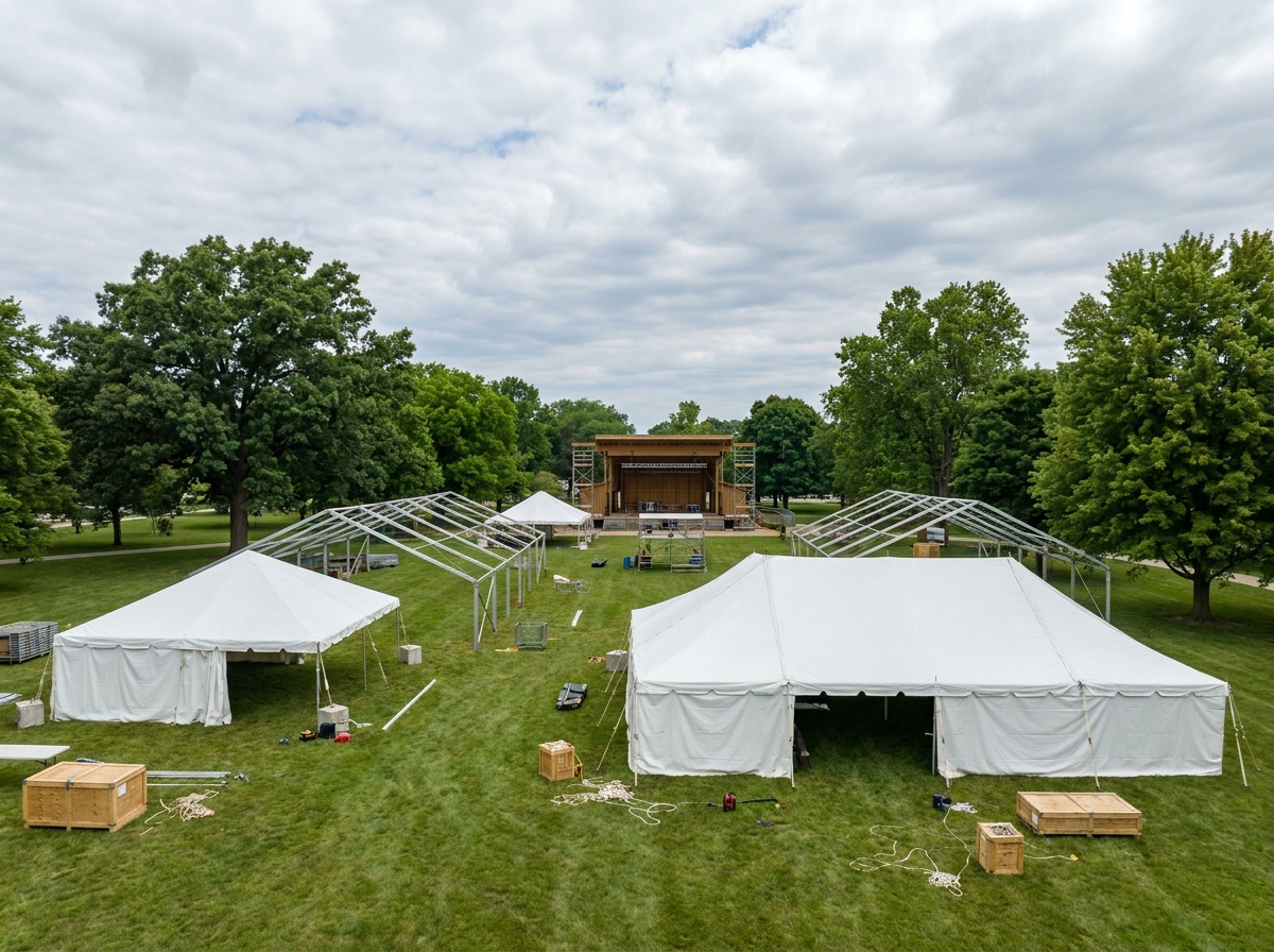 A community festival being set up in a Springfield park.