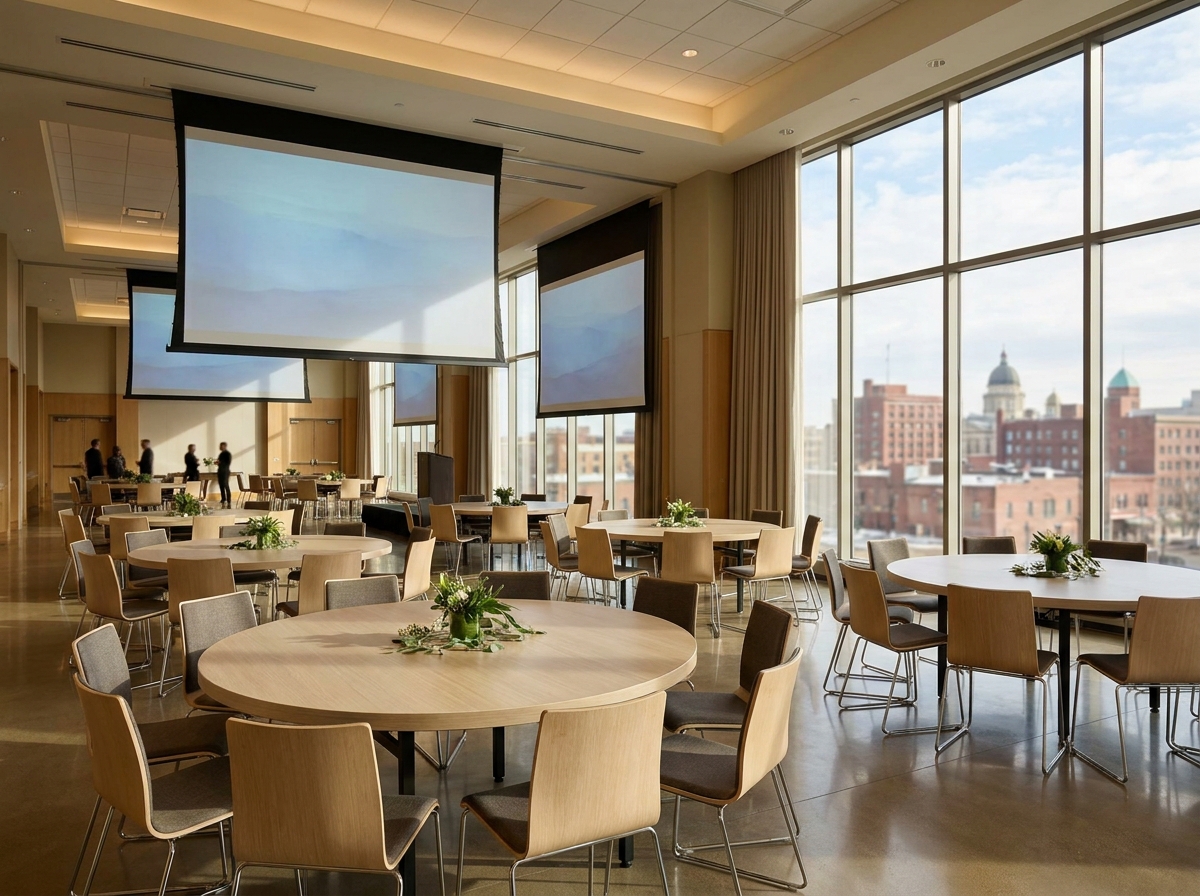 A conference room in a Springfield hotel prepared for an event.