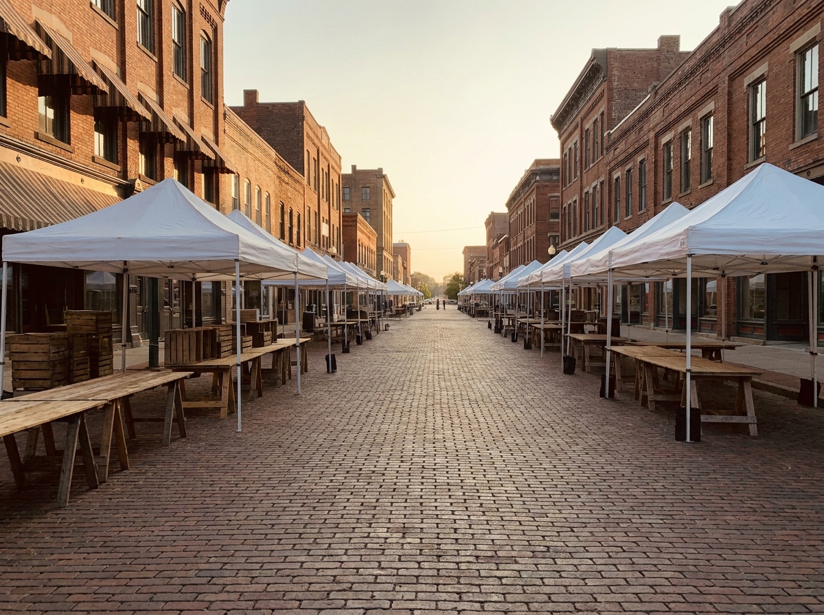 A historic street in Springfield, Illinois, set up for a local market.