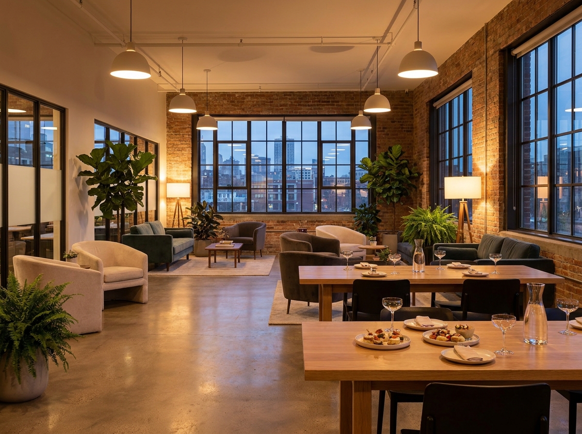 A modern co-working space prepared for a professional networking mixer.