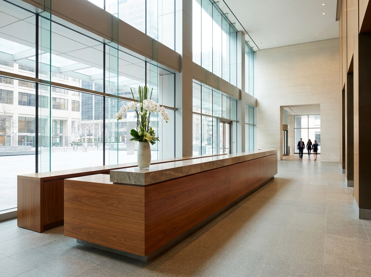 A clean, empty registration desk at a conference venue.