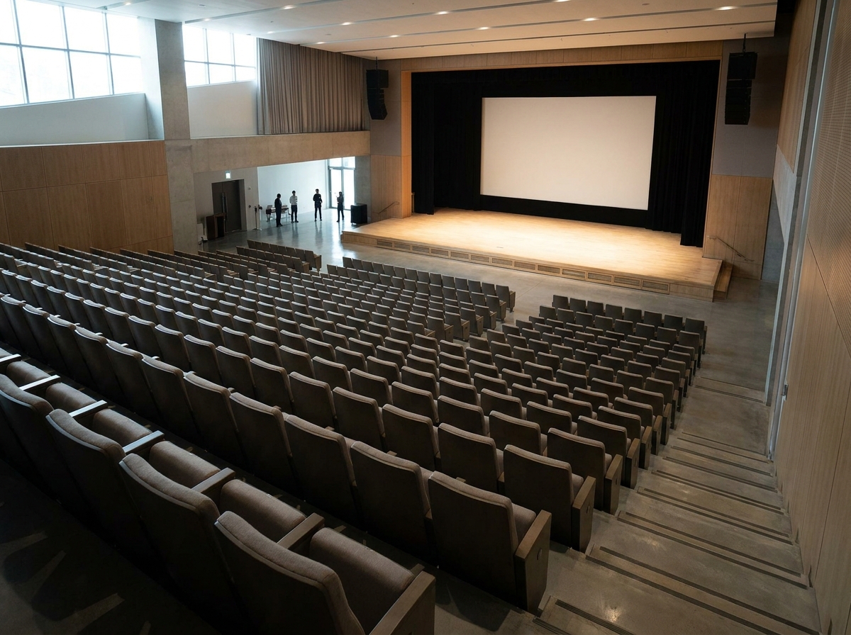 An empty auditorium stage and seating, ready for a business seminar.