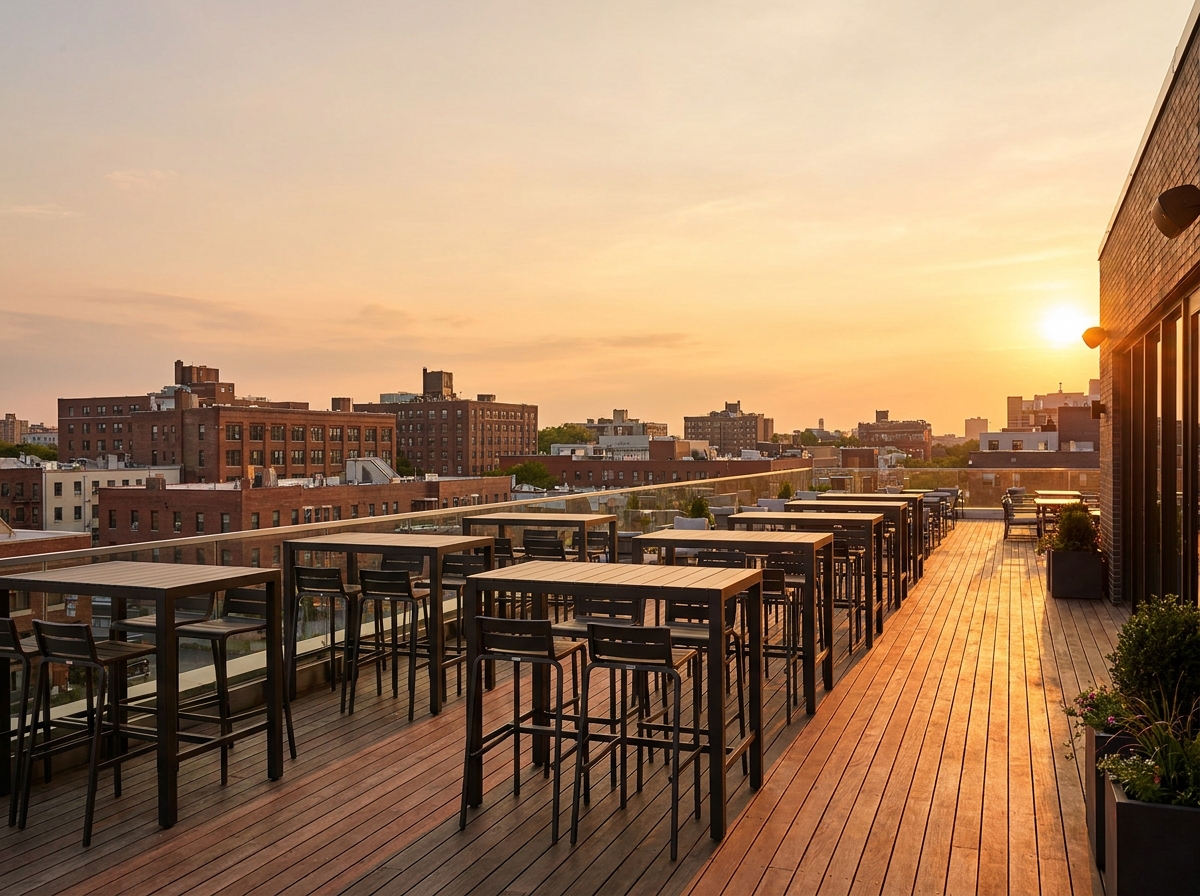 An empty rooftop bar at sunset, set up for a networking event in Springfield.