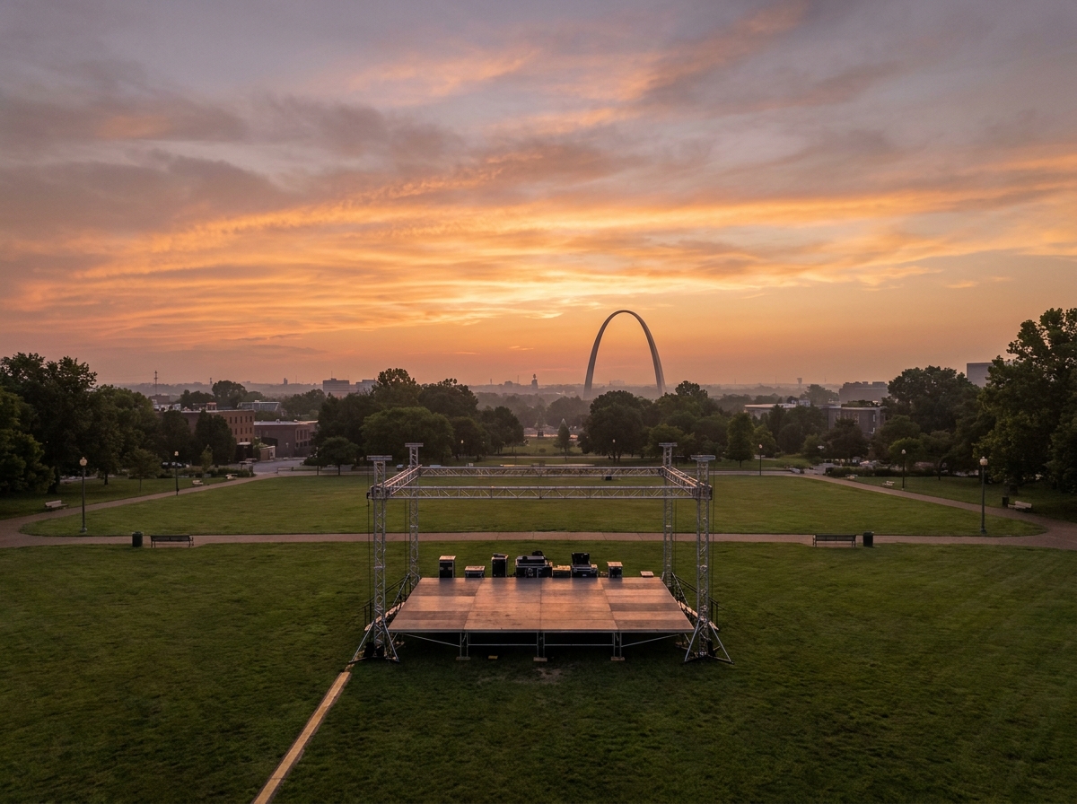 An outdoor festival stage in a St. Louis park with the Gateway Arch in the background.