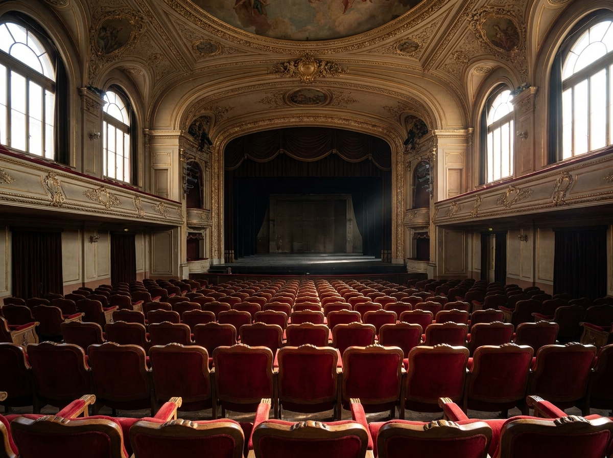 Empty seats in an old, ornate St. Louis theater before an event.