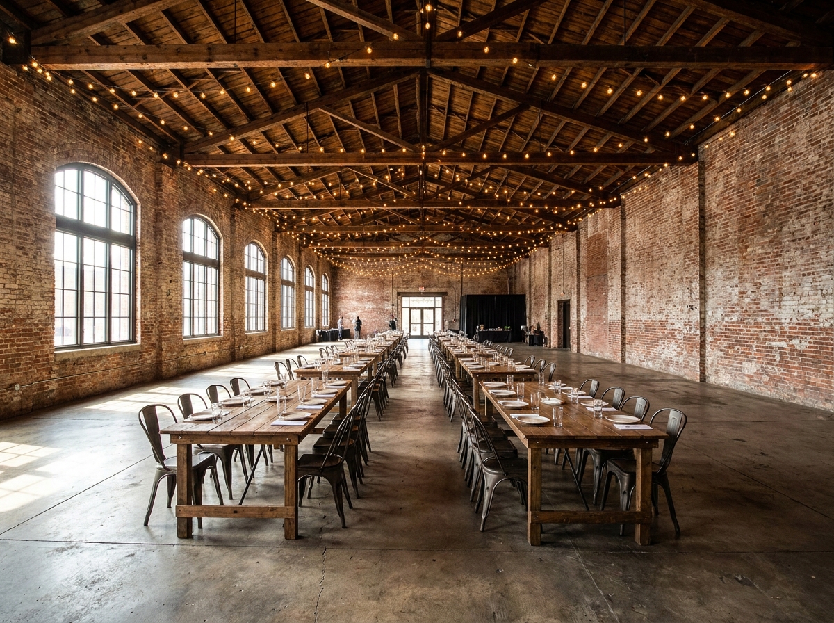 An empty event space in a St. Louis brick warehouse ready for guests.