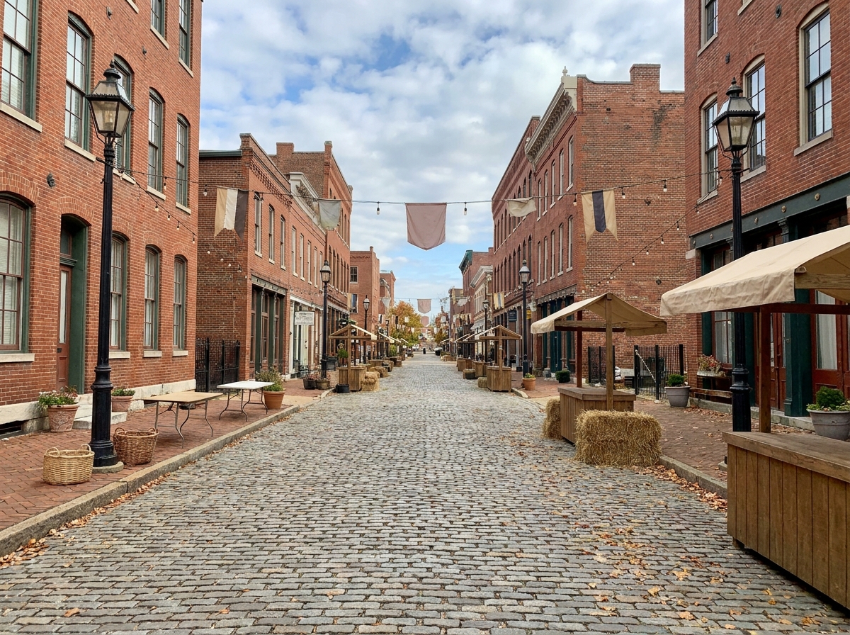 A historic cobblestone street in St. Louis set up for an event.