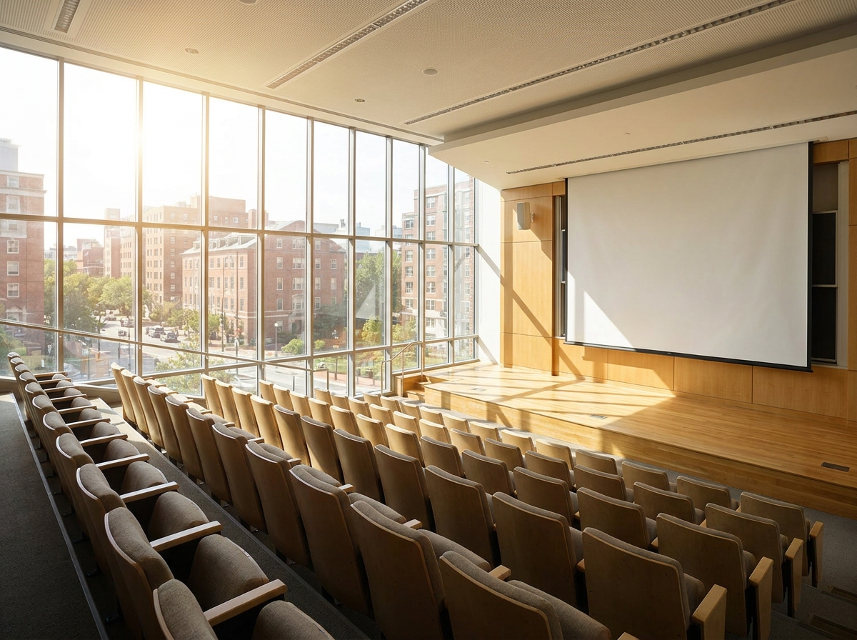 An empty lecture hall ready for a business event presentation.
