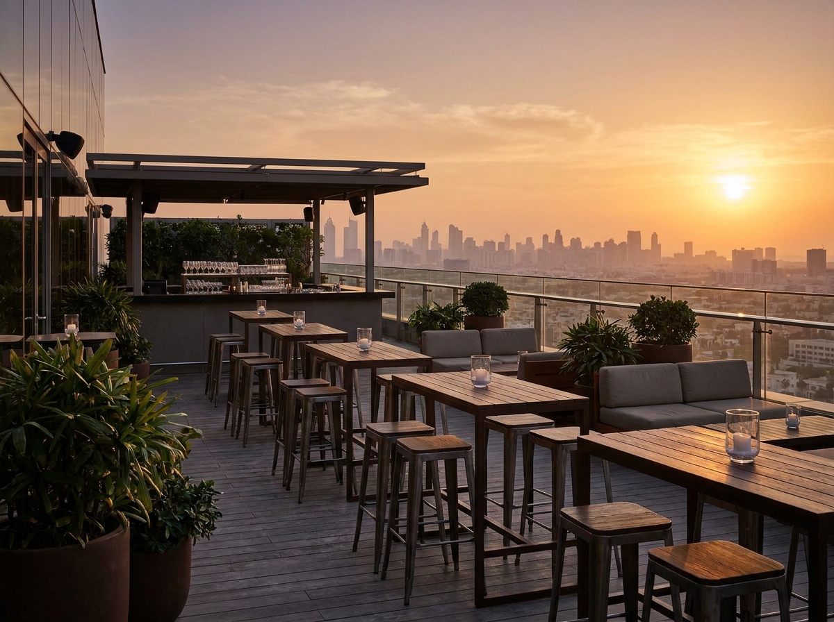 Rooftop bar tables arranged for an evening networking mixer.