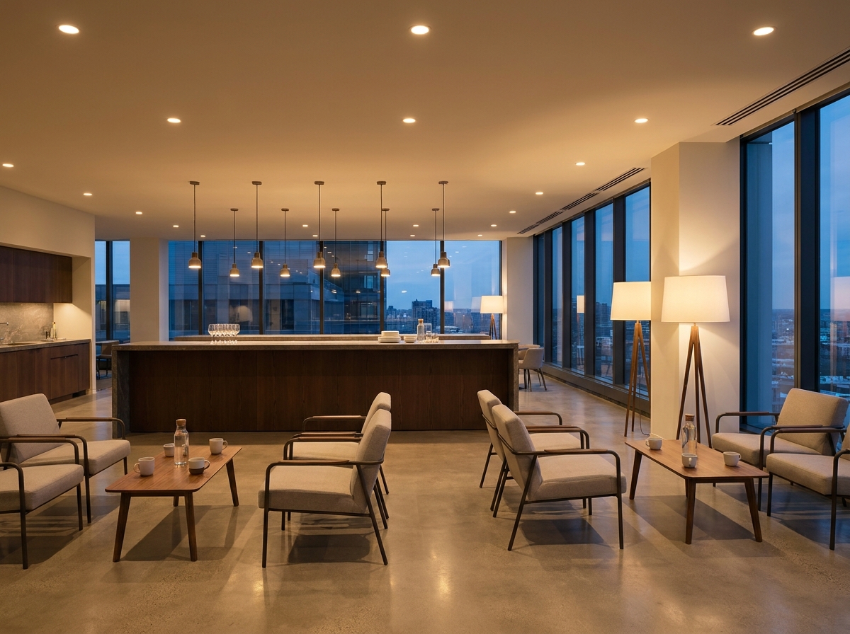 An empty coworking space set up for a professional networking event.
