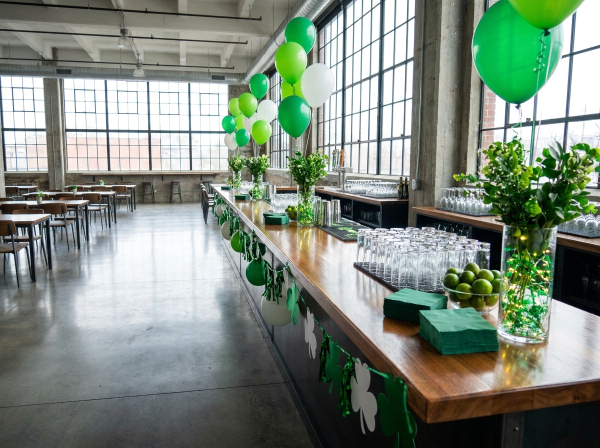 A decorated bar at an event venue prepared for a St. Patrick's Day celebration.