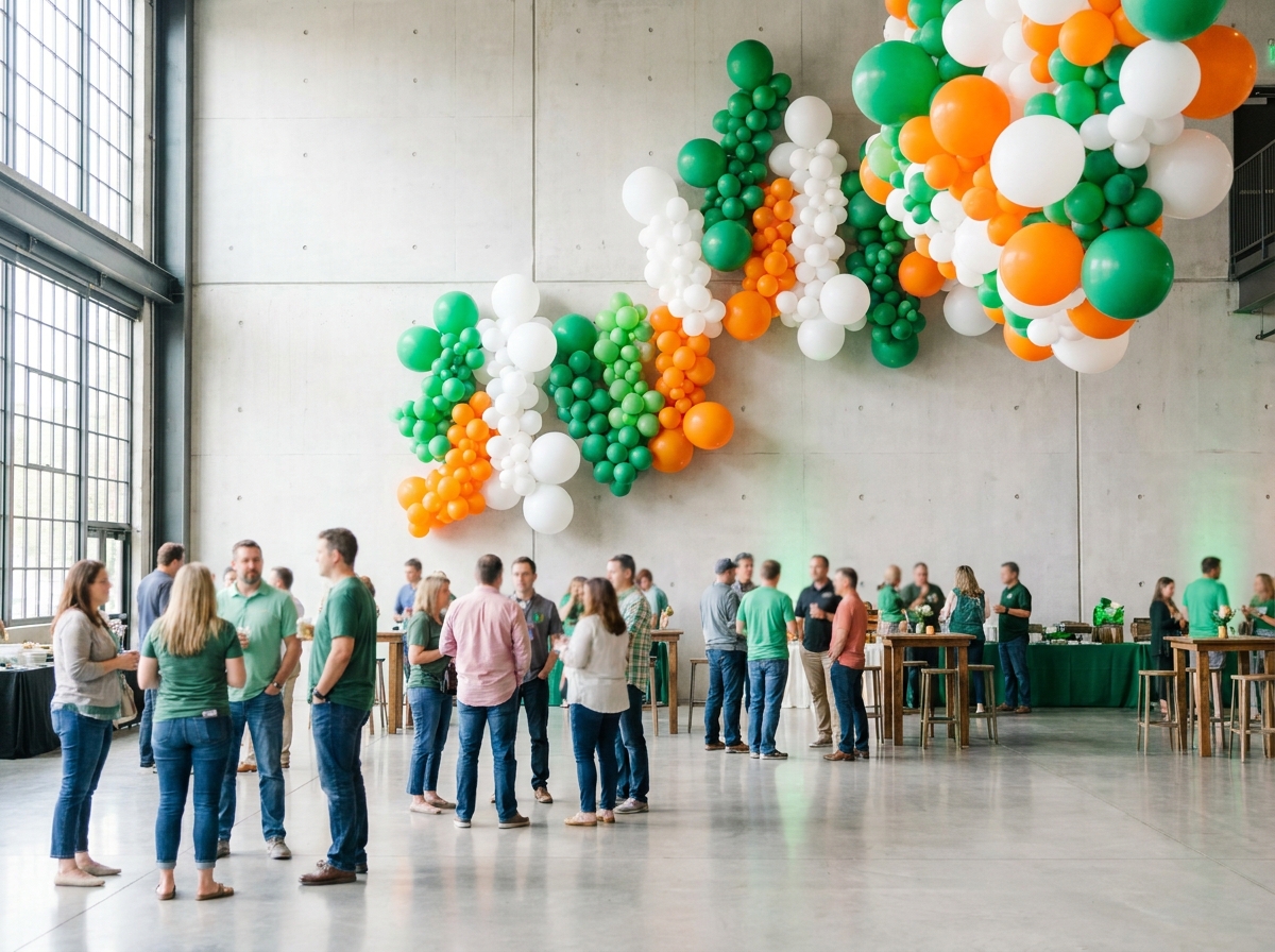 A festive arrangement of green, white, and orange balloons for a St. Patrick's Day party.