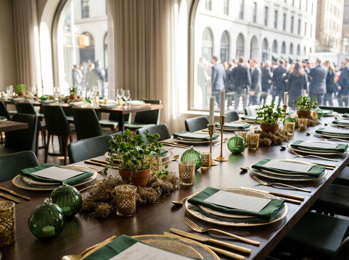 A formal dinner table set for a St. Patrick's Day themed event.