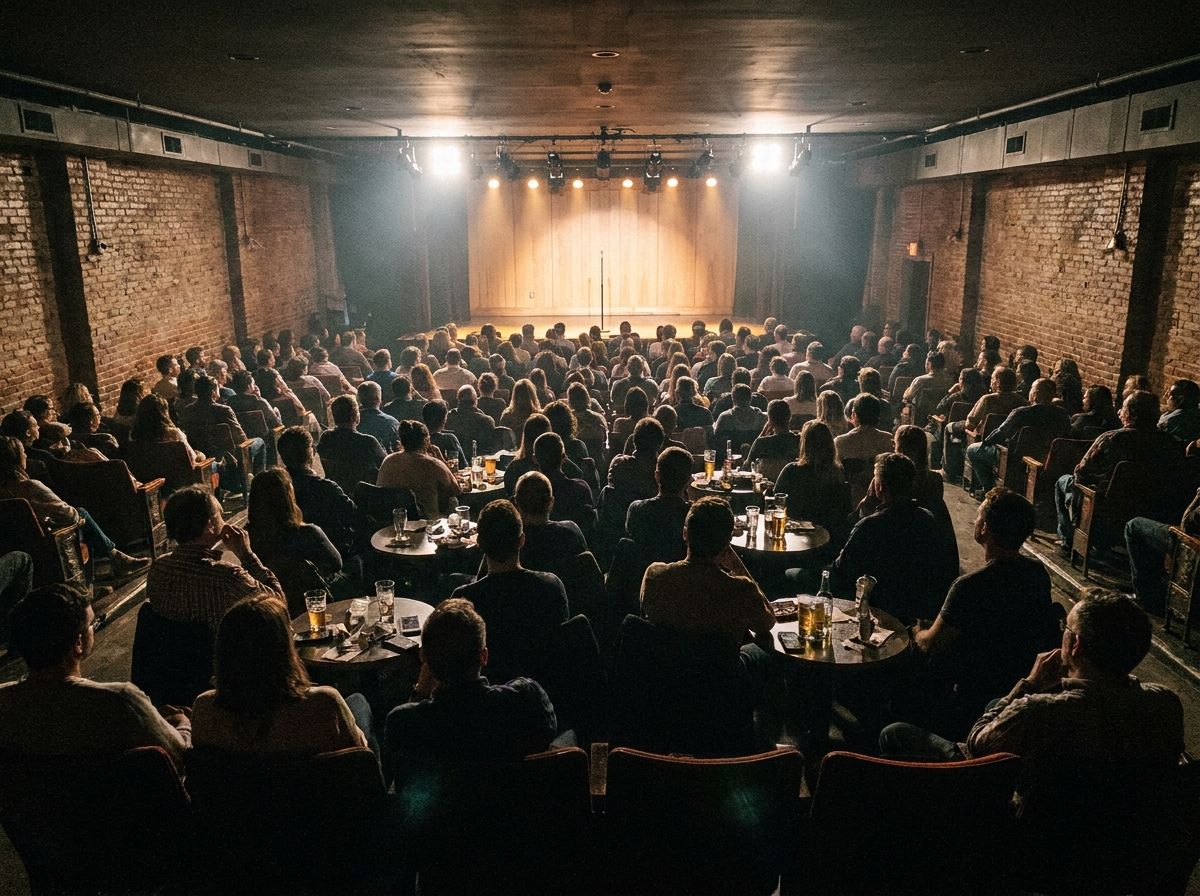 A sold-out audience at a comedy club waiting for the show to begin.