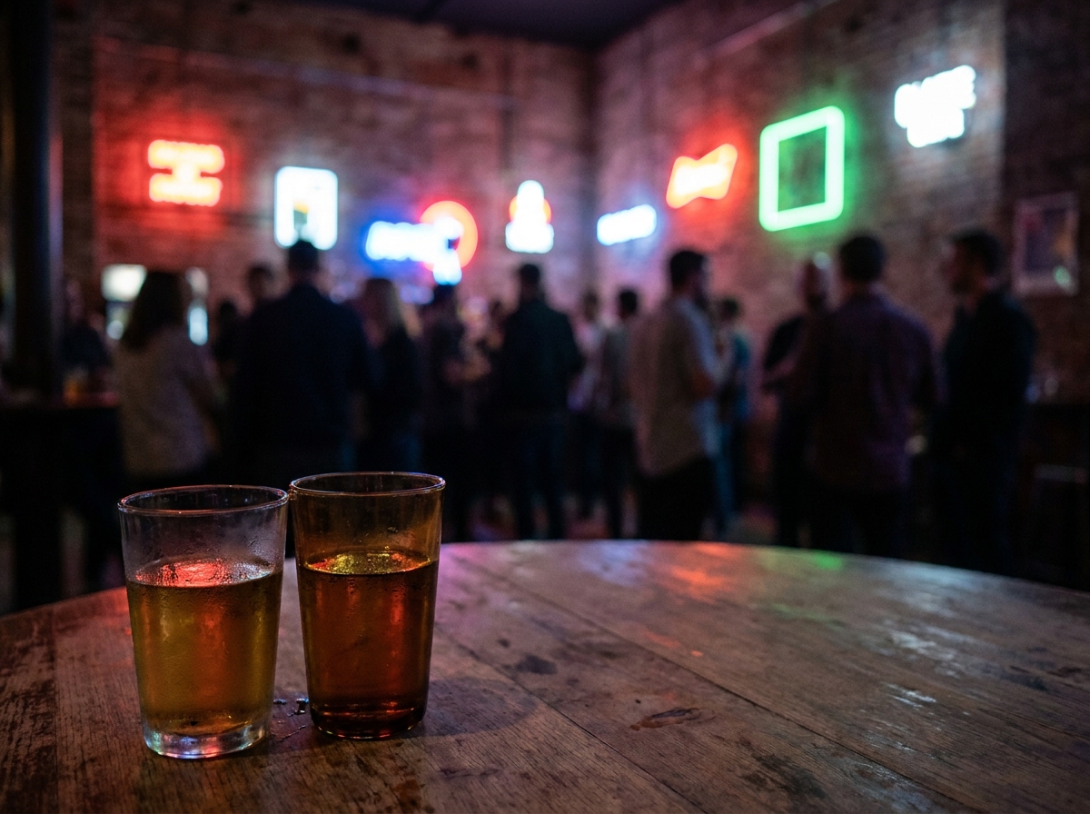The atmospheric interior of a bar, a common venue for stand-up comedy.
