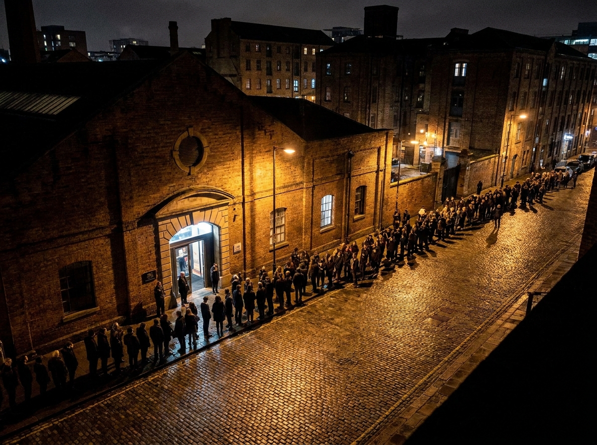 Attendees lined up outside a venue before a stand-up comedy show.
