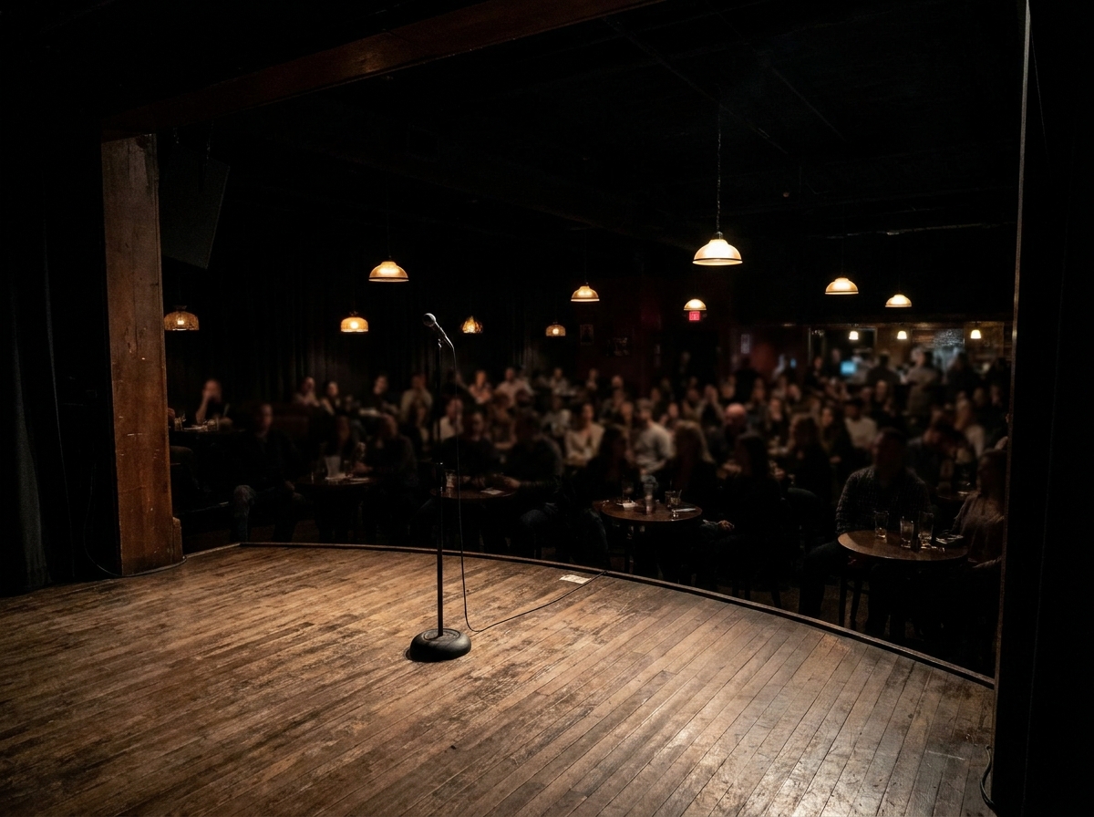 The view from a comedy club stage looking out at the audience.
