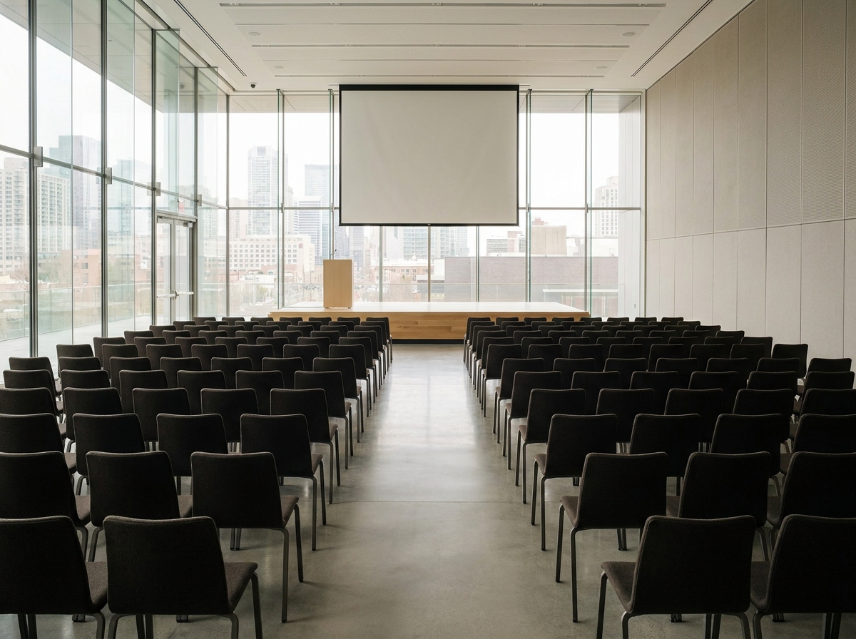An empty conference room set up for an entrepreneur event.