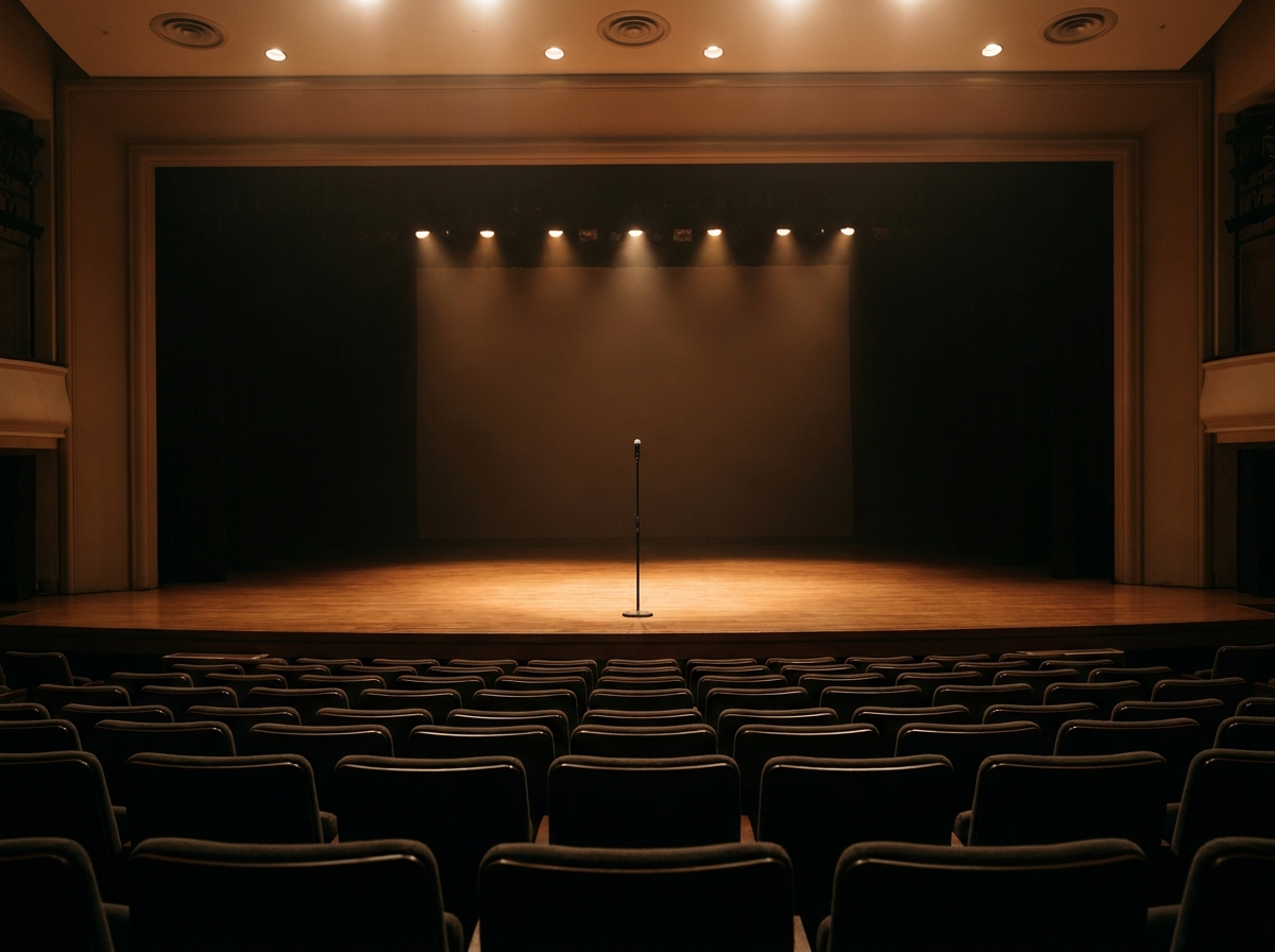 An empty stage with a microphone, ready for a pitch competition.