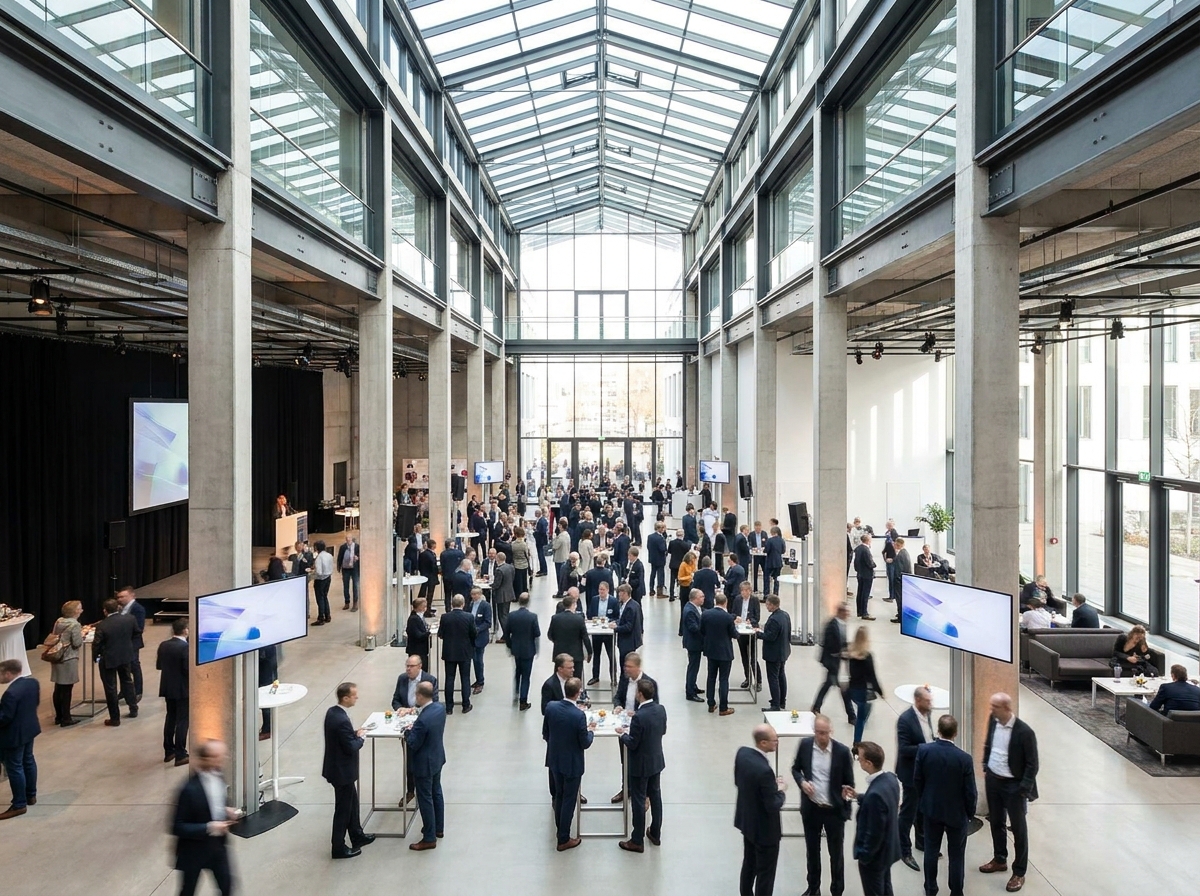 A large-scale startup networking event in a modern hall.