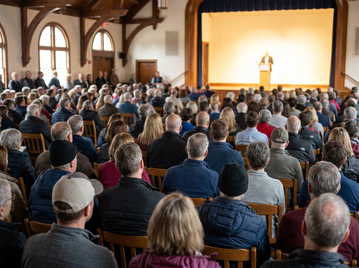 A diverse audience attending a public forum or state government event.