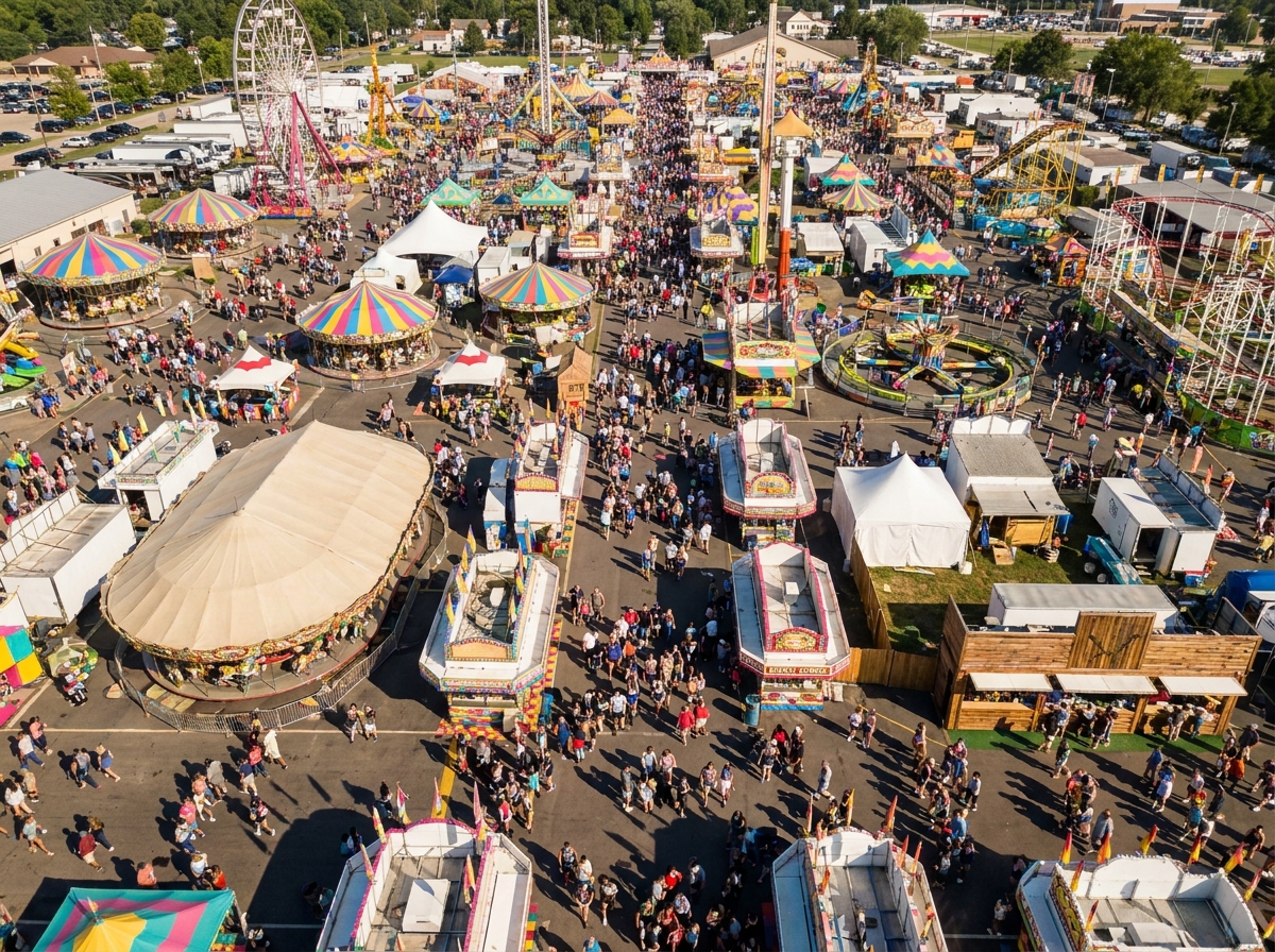 An aerial view of a crowded state fair, showing rides and attractions.