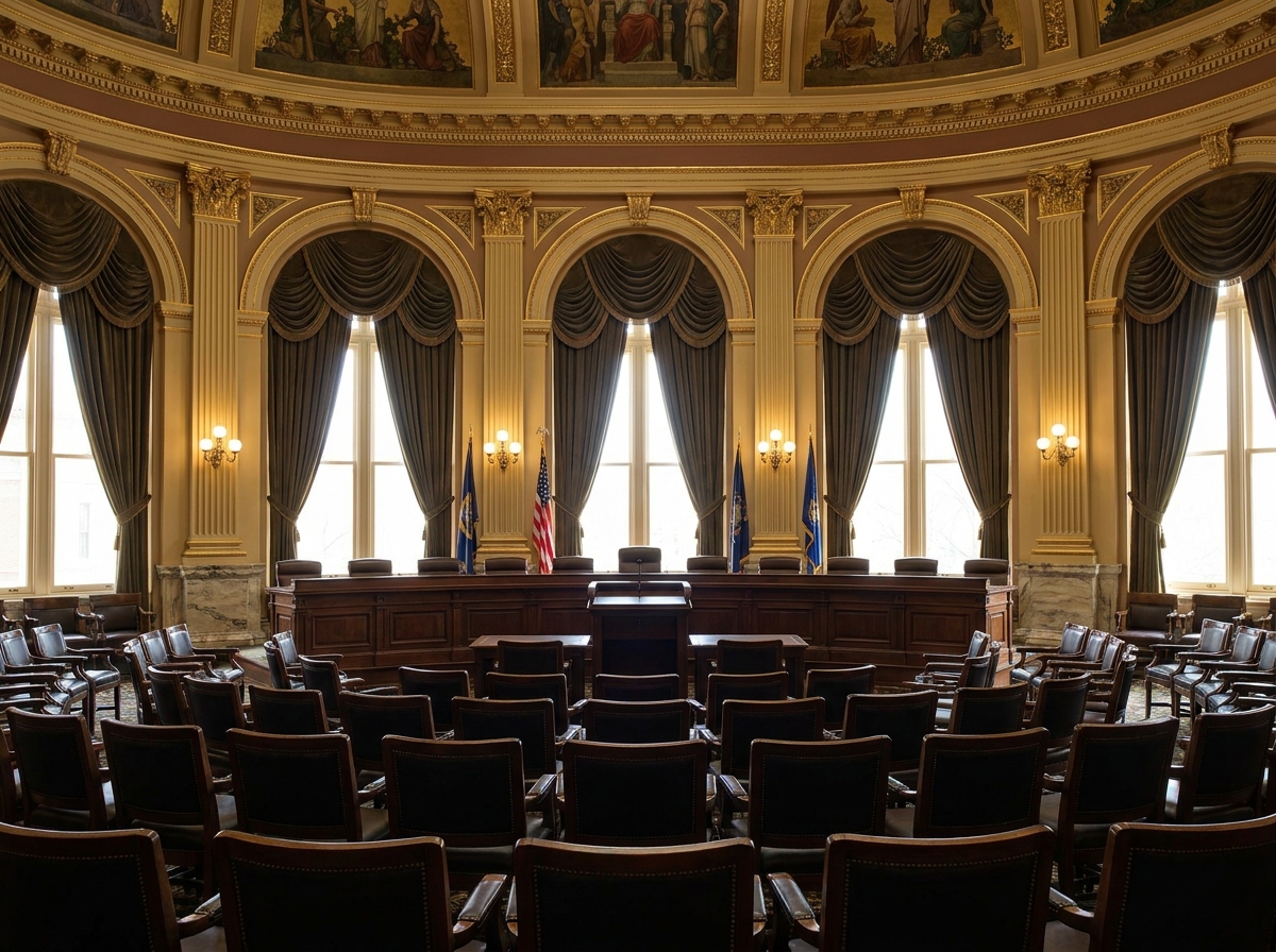 A formal auditorium prepared for an official state policy event.