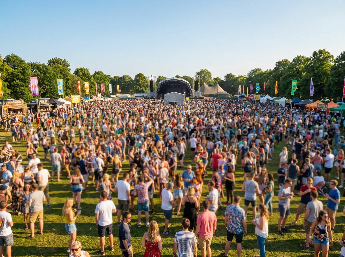 A large crowd enjoying the music at an outdoor summer music festival.