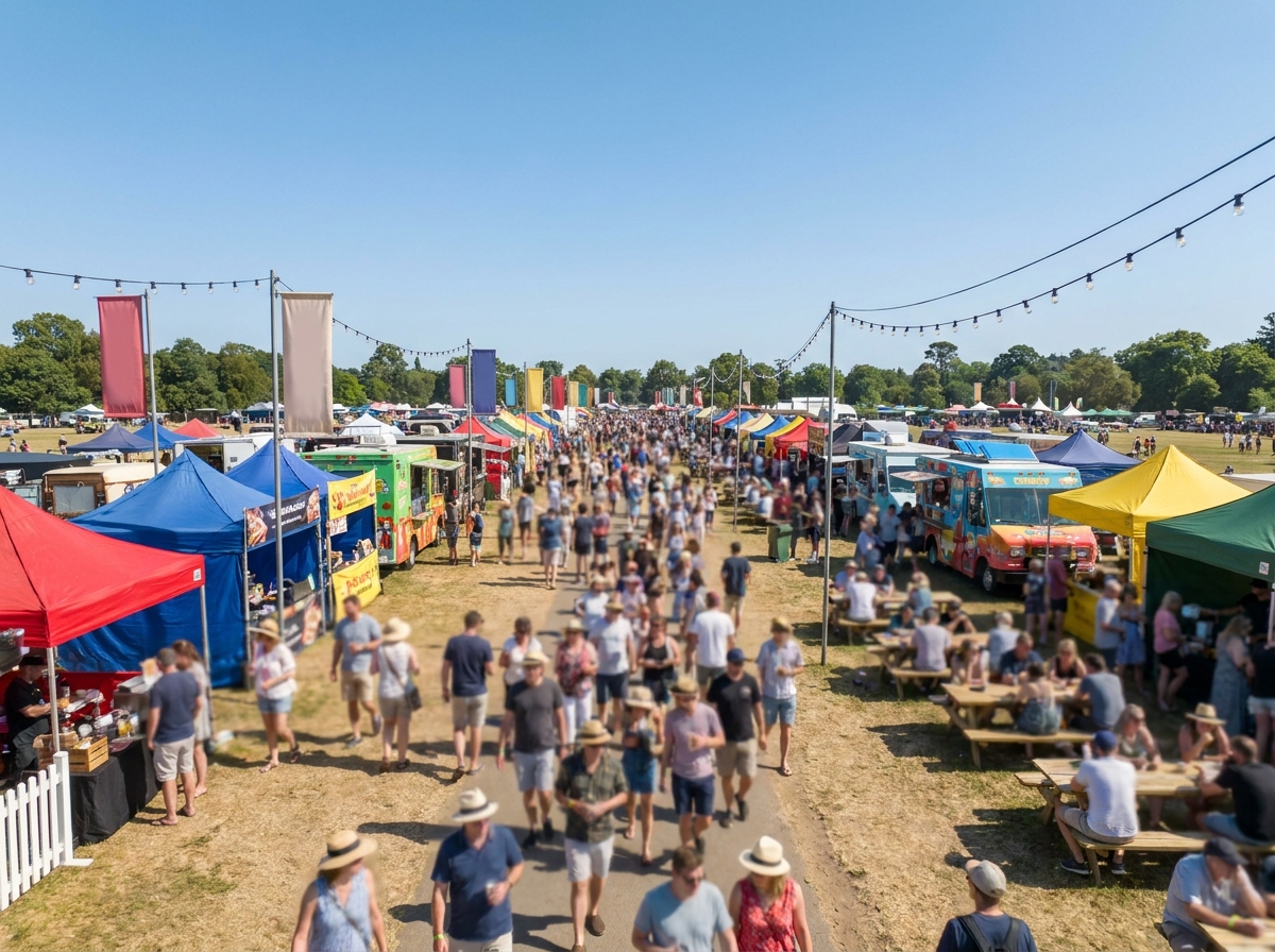 Food trucks and vendor stalls at a bustling summer festival.
