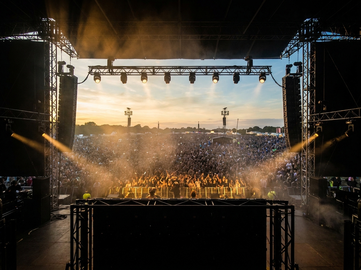 View of a massive festival crowd from the perspective of the stage.