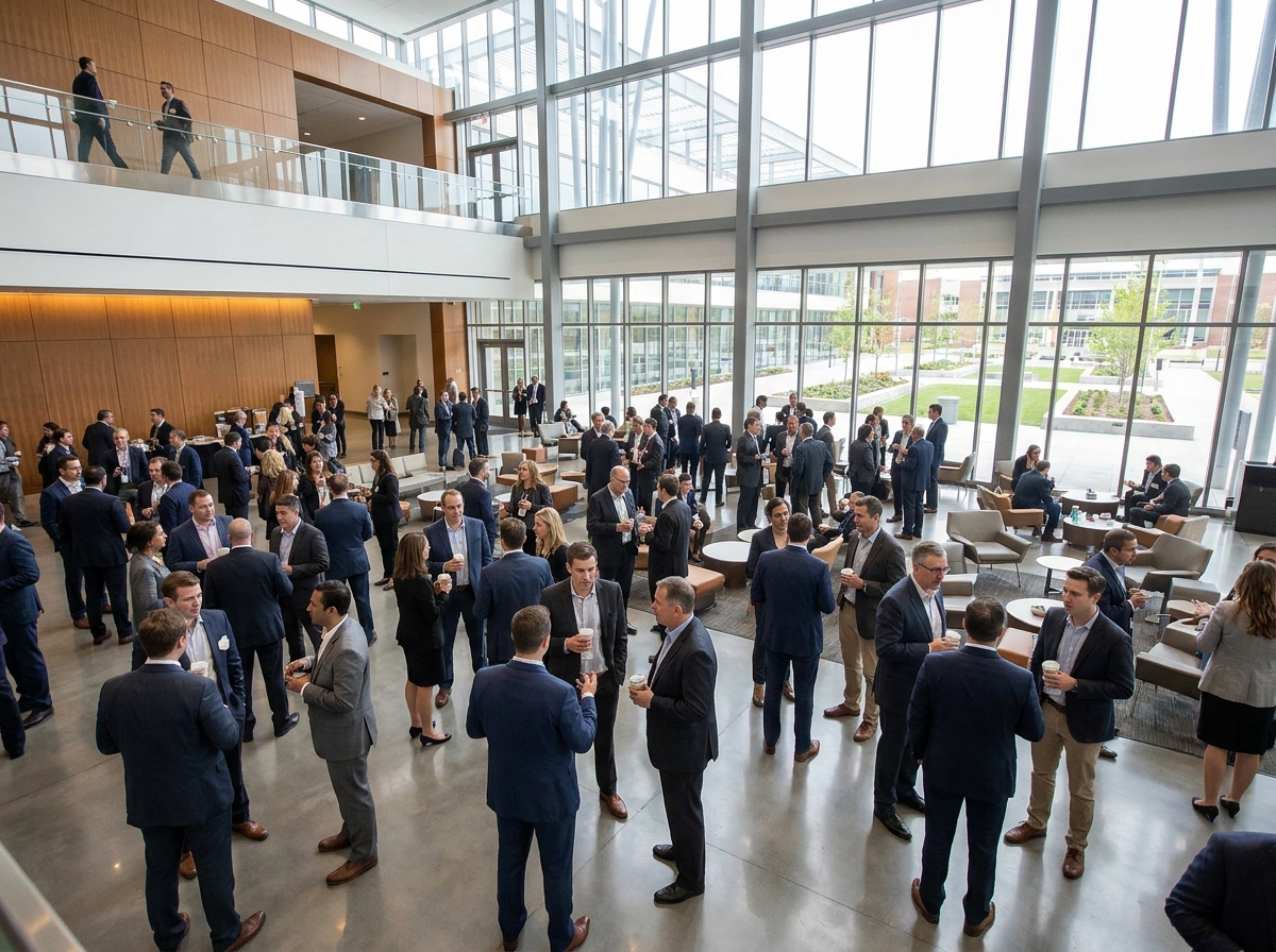 Professionals networking in the lobby of a convention center during a summit.