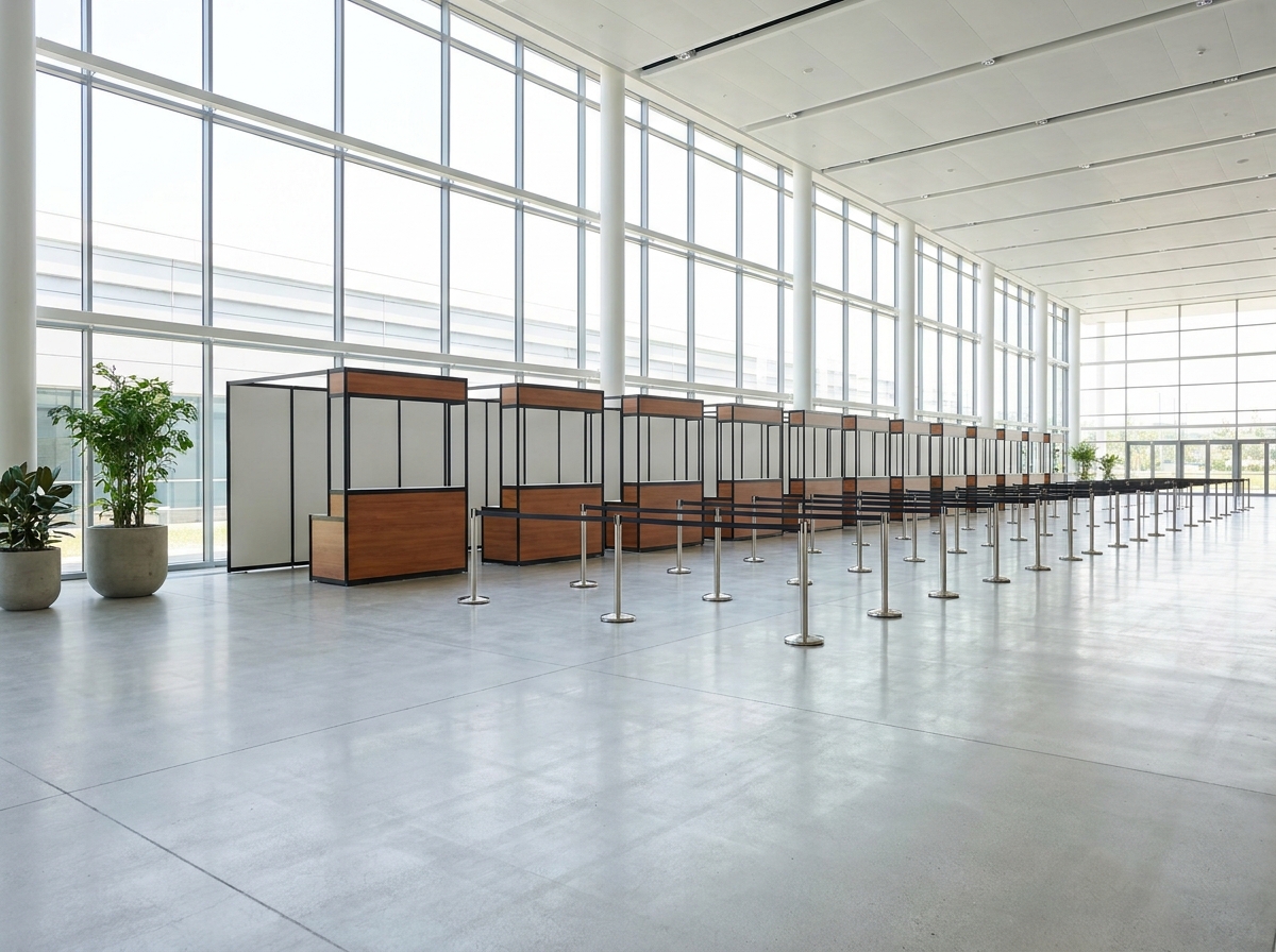 An empty, well-organized registration area at a professional forum.