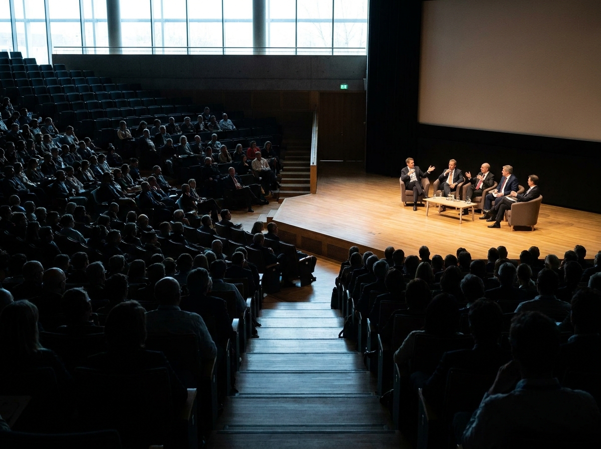A panel discussion on stage at an industry forum, viewed from the audience.