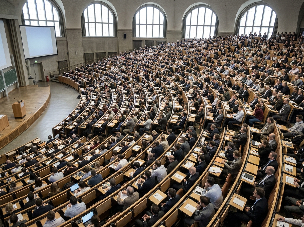 A large crowd of attendees seated in a lecture hall during a professional summit.