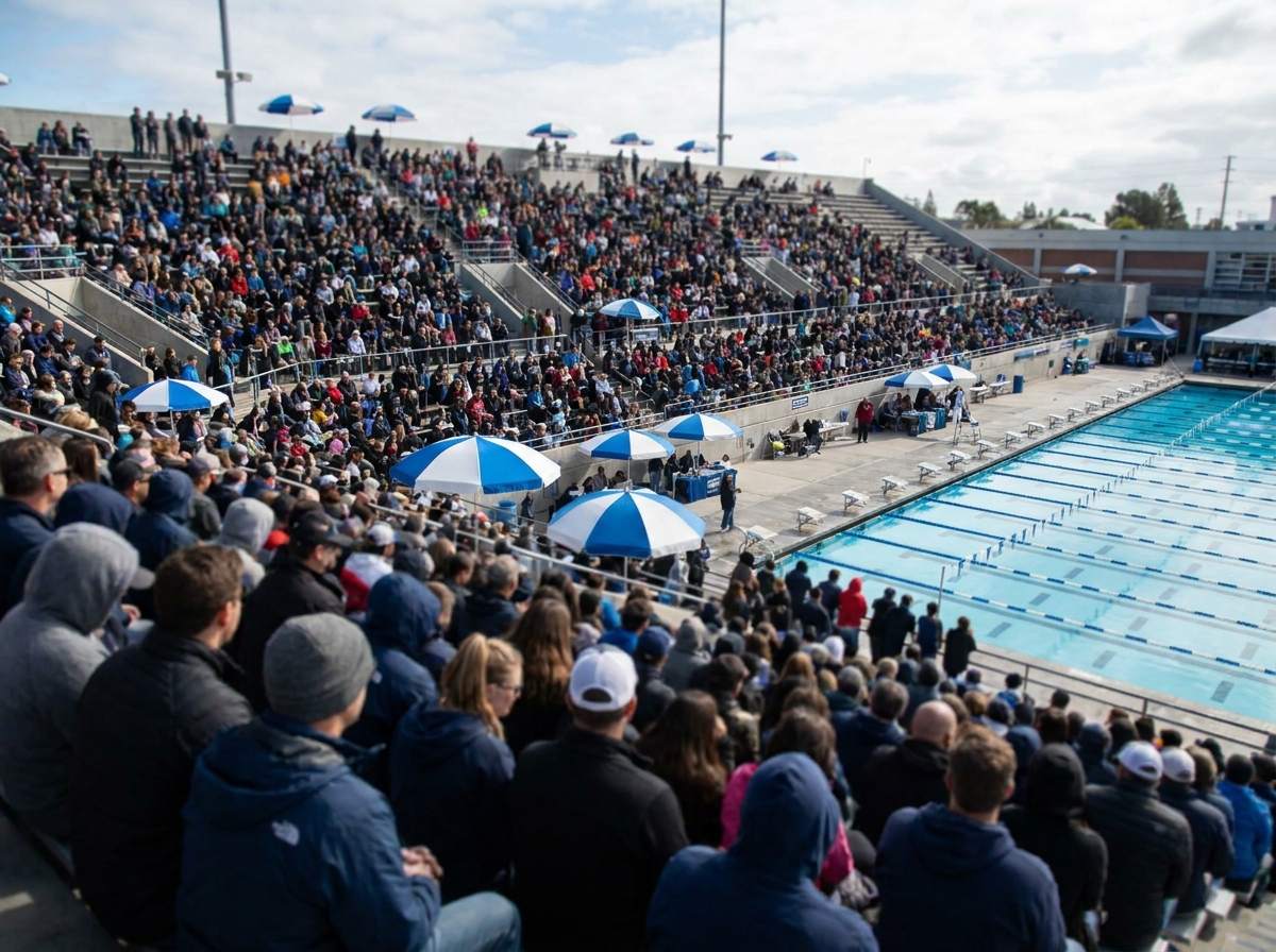 Aerial view of swimmers competing in an open water triathlon ticketing event.