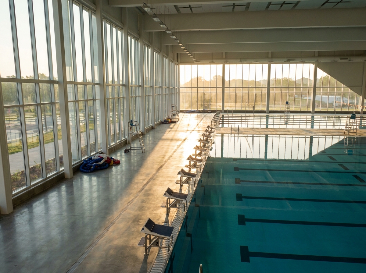 A starting block at the edge of a pool before a swimming competition.