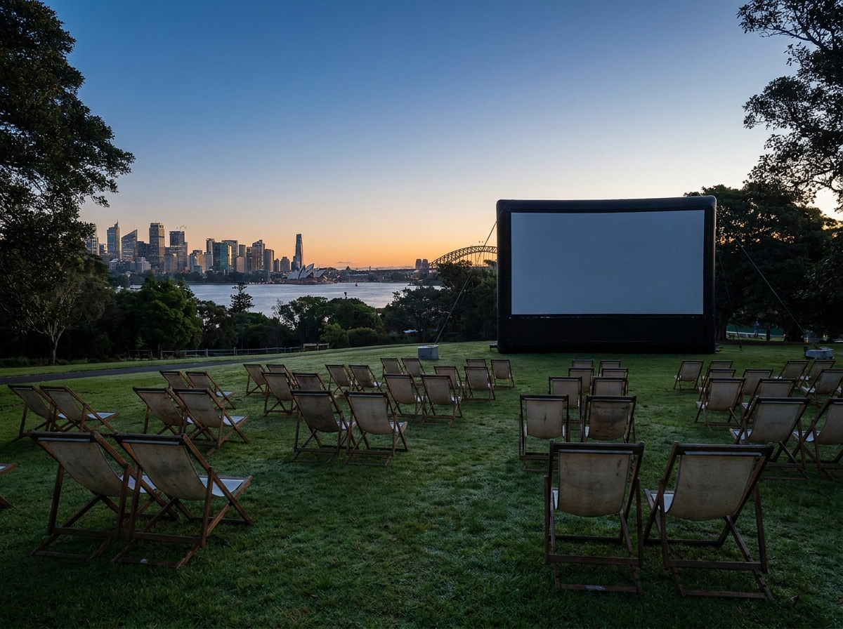 An outdoor cinema in a Sydney park ready for an evening screening.