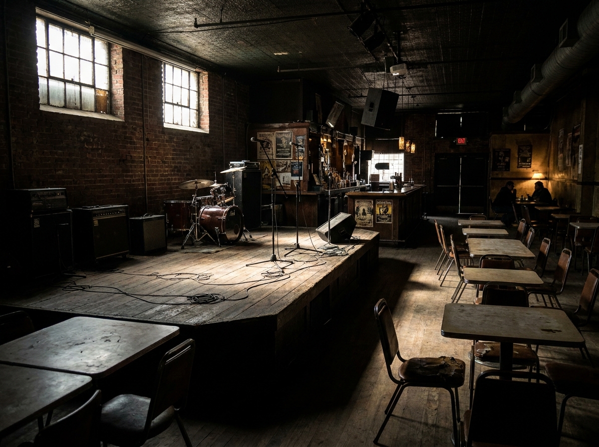 An empty stage at a live music venue in Sydney before a concert.