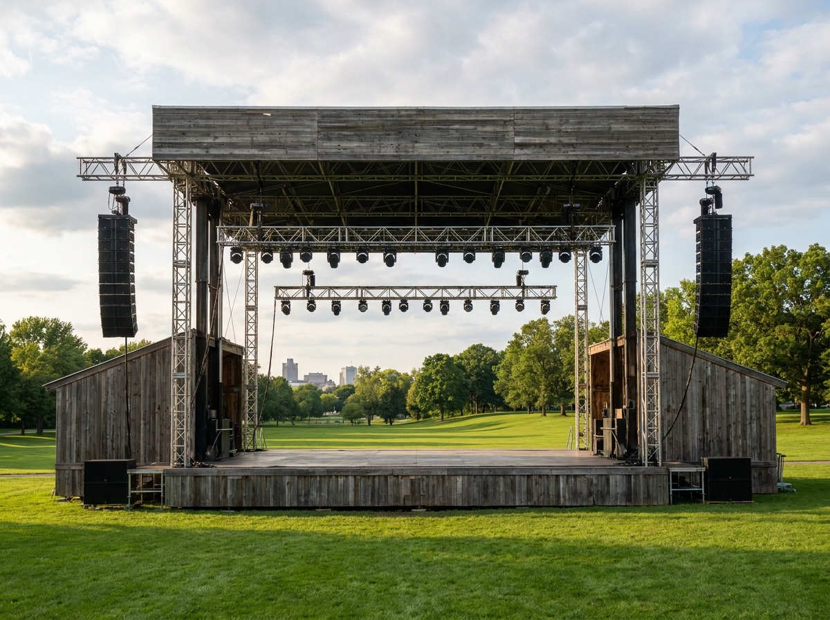 An outdoor festival stage being set up in a Syracuse park for an event.