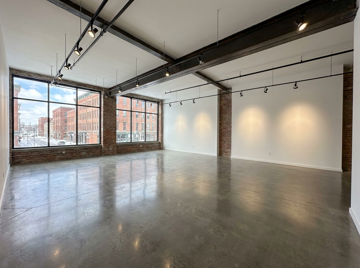 An empty art gallery in Syracuse prepared for an event.