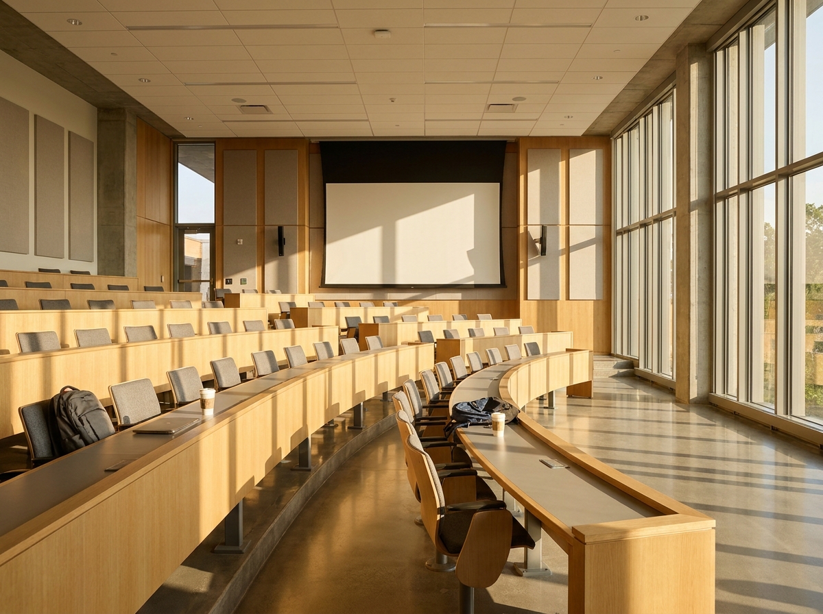 An empty university lecture hall in Syracuse ready for a conference or speaker event.
