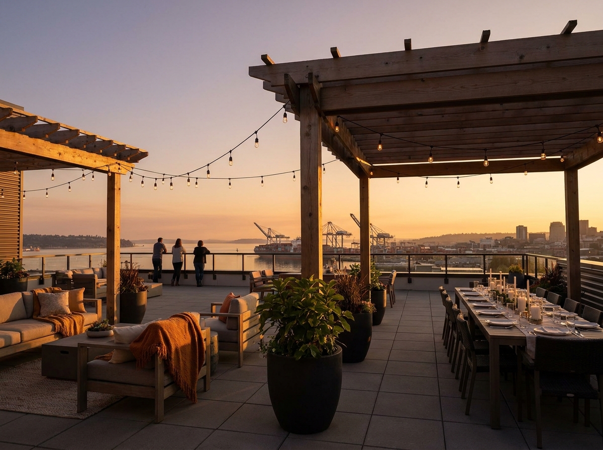 An empty rooftop event venue overlooking the water in Tacoma.