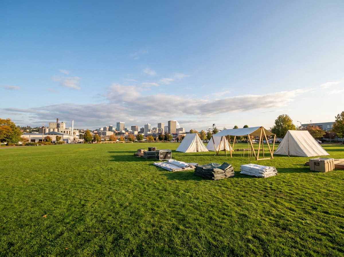 An outdoor park in Tacoma being set up for a festival.