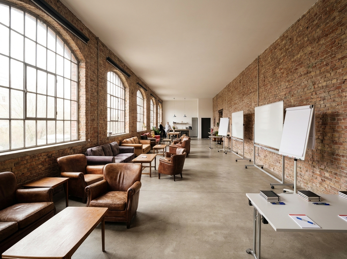 A modern co-working space prepared for a professional networking event in Tacoma.