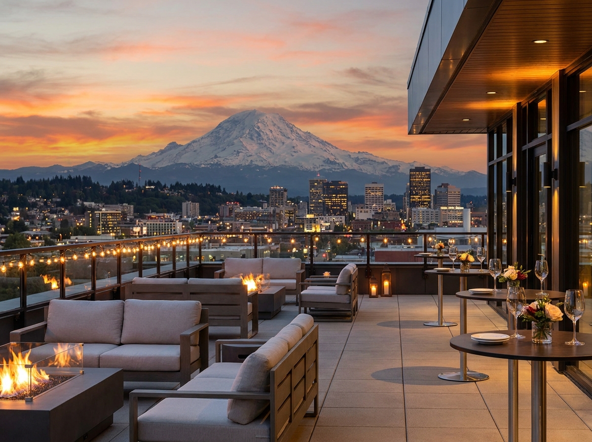 A rooftop venue in Tacoma set for a professional networking event.