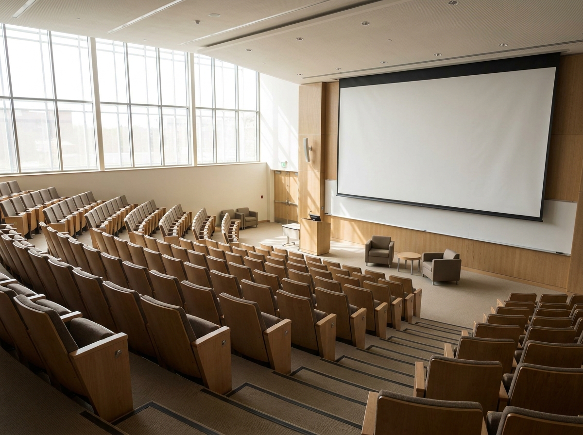 An empty lecture hall stage set up for a professional event.