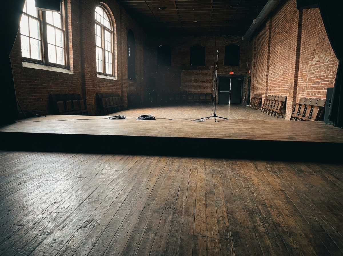 An empty stage at a music venue in Tallahassee, ready for an event.