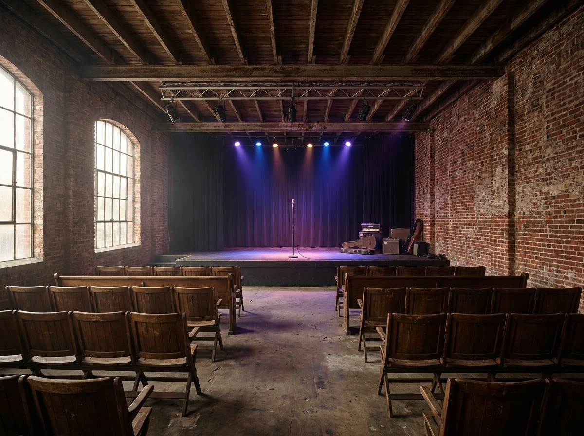 An empty stage inside a historic brick music venue in Ybor City, Tampa.